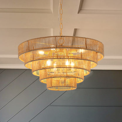 (Same as W1340P155977/L1019-5) 24' Modern 5-Layer Woven Hemp Rope Chandelier, Boho Style Pendant Light, Elegant Hanging Light Fixture for Living Room, Dining Room, Bedroom (No Bulbs)