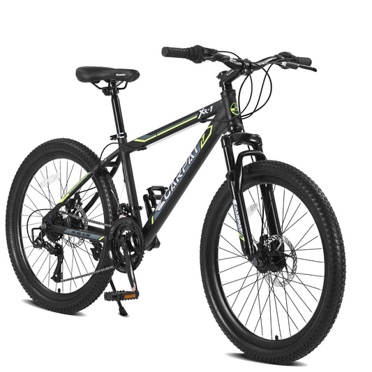 24 Inch Mountain Bike Boys Girls, Steel  Frame, Shimano 21 Speed Mountain Bicycle with Daul Disc Brakes and Front Suspension MTB