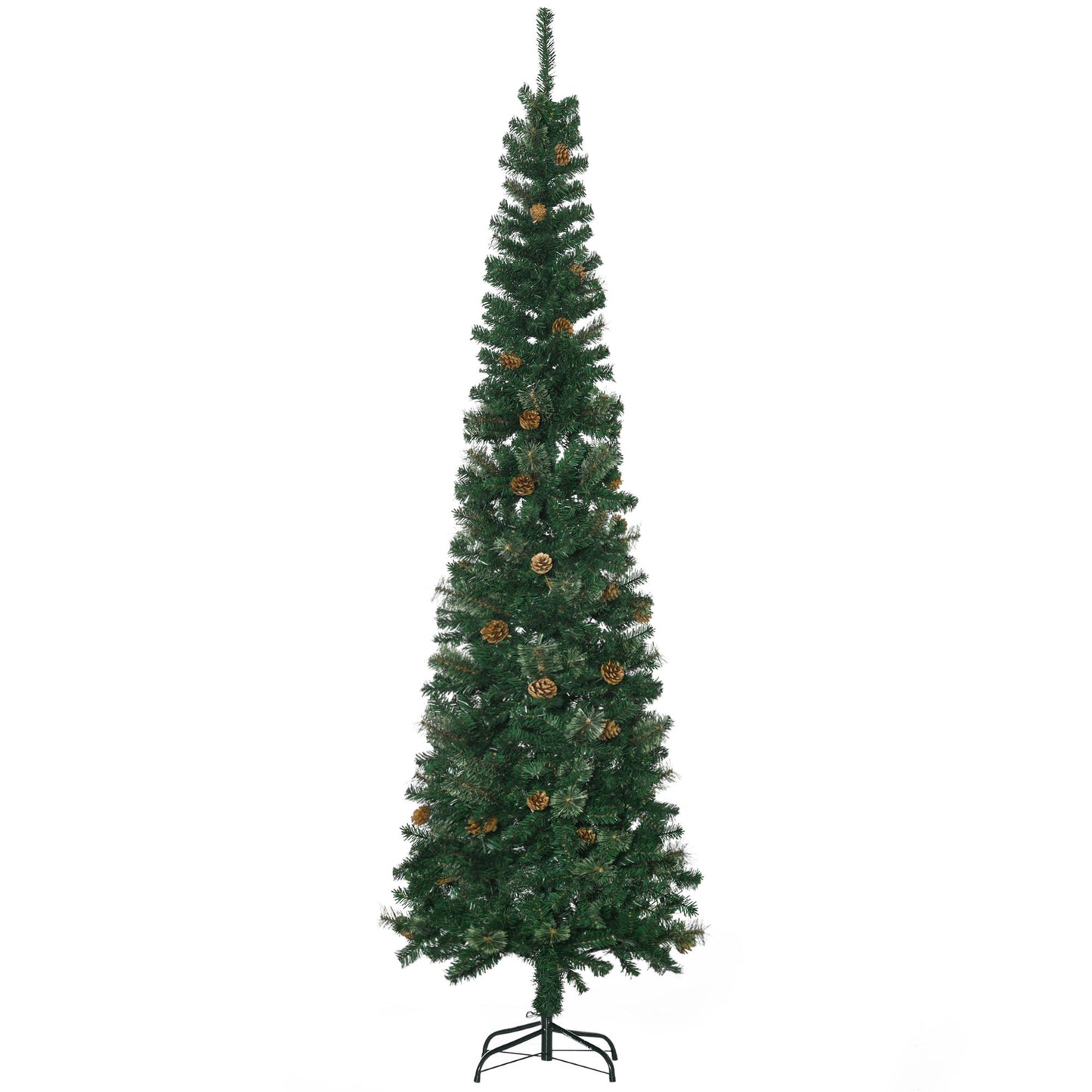 HOMCOM 7.5 Foot Pencil Artificial Christmas Tree, Slim Pine Needles Xmas Tree with Realistic Branches, Pine Cones, Metal Base, Green