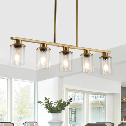 37' Modern Industrial 5-Light Chandelier with Clear Glass Shades, Golden Metal Frame Hanging Ceiling Light Fixture for Dining Room, Kitchen Island, Living Room (No Bulbs)