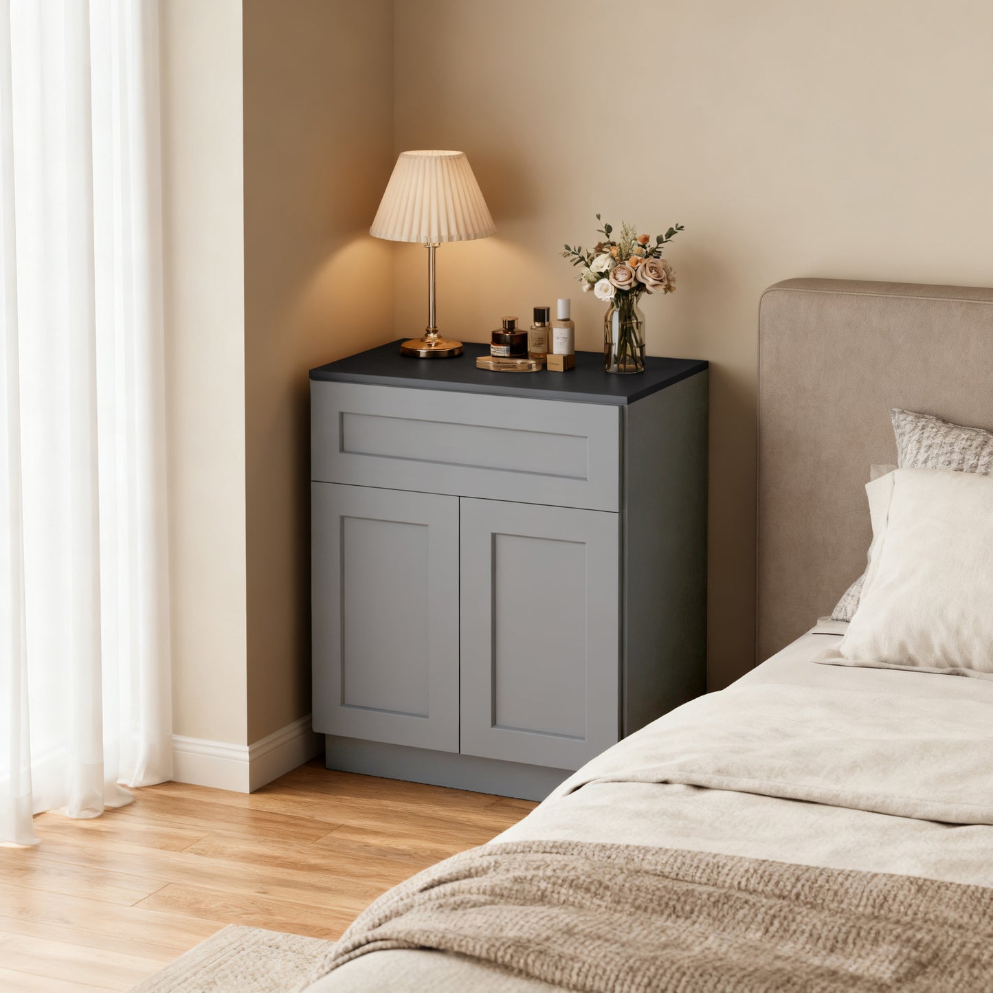 Dark Gray Shaker Solid Wood Double Doors Base Cabinet,for Kitchen, Laundry,and Bathroom Storage Adjustable Shelves Ready to Assemble (30' Wx34.5 Hx24 D)