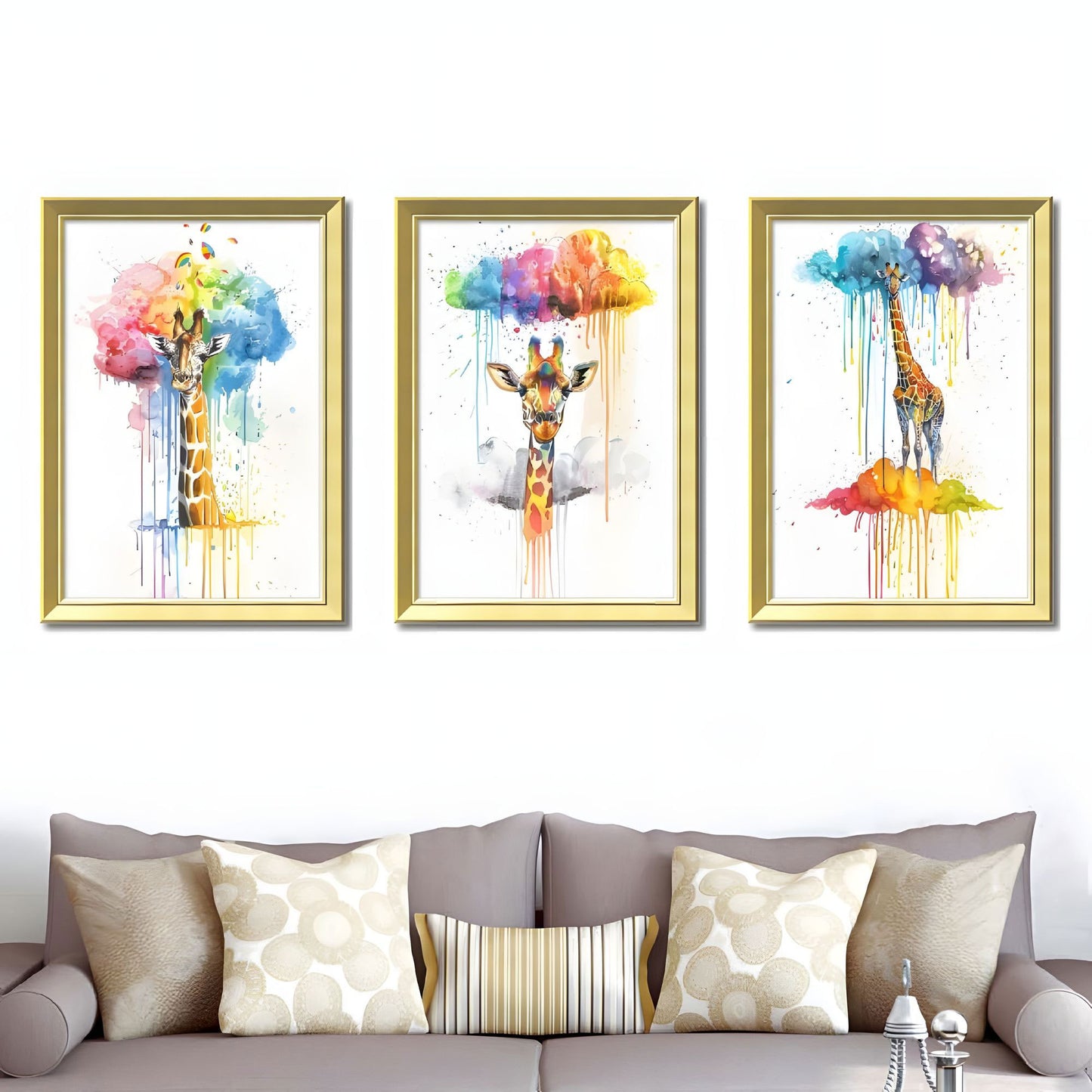 Set of 3 Colorful Giraffe Framed Wall Art – Replaceable Canvas Prints with Solid Wood Picture Frames, Creative Animal Wall Decor for Living Room and Bedroom 20x28 inches