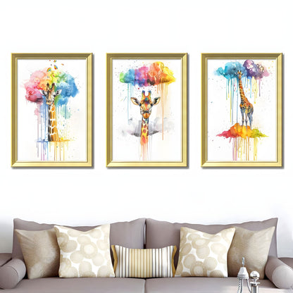 Set of 3 Colorful Giraffe Framed Wall Art – Replaceable Canvas Prints with Solid Wood Picture Frames, Creative Animal Wall Decor for Living Room and Bedroom 20x28 inches