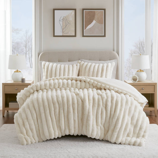 3-Piece King Ultrasoft Faux Fur Ribbed Comforter Set,Ivory