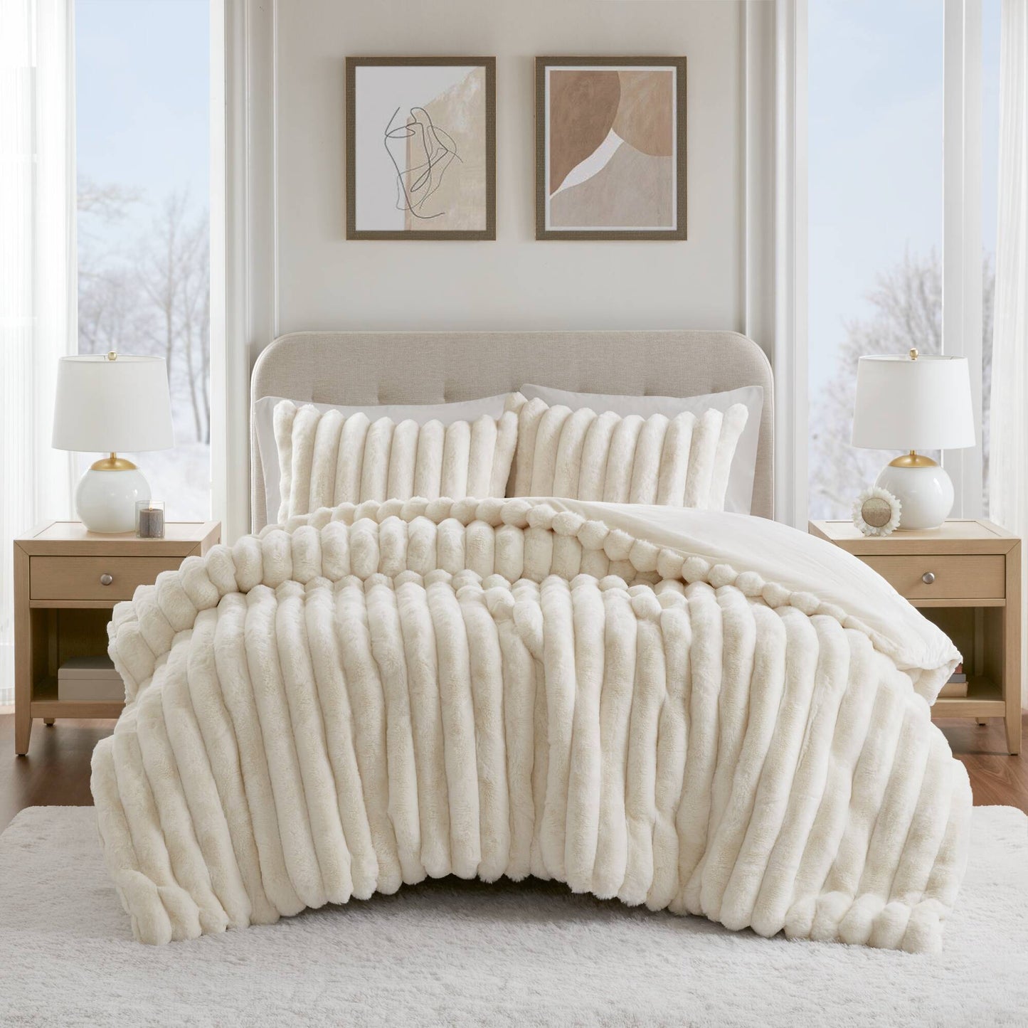 3-Piece Full/Queen Ultrasoft Faux Fur Ribbed Comforter Set,Ivory
