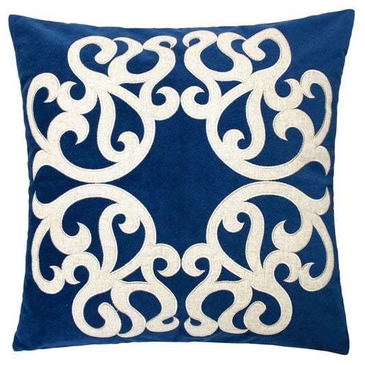 Dora Vintage Vine Indigo Polyester Velvet Pillow Cover with Matching Back, 20x20 inches