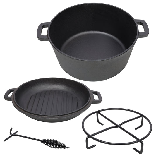 Pre-Seasoned 3 in 1 Cast Iron Dutch Oven with Skillet Lid, Black, Iron, 5 Quart
