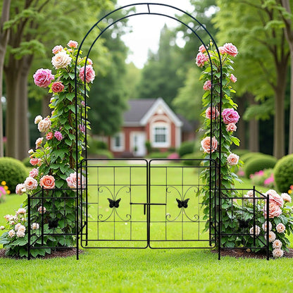 Garden Arch Arbor Trellis for Climbing Plants with Gate, Durable Metal Garden Arch Outdoor Wedding Arch, for Wedding Ceremony Party Plant Climbing Rose Vines Lawn Courtyard Patio Black, 7.15ft