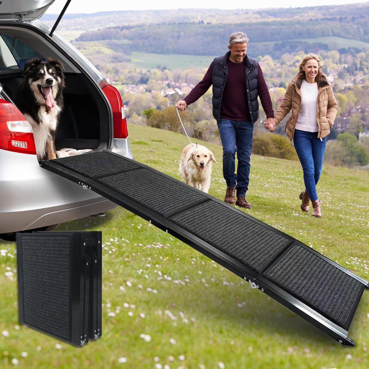 Dog Ramp for Car, 63' Long & 17' Wide Folding Portable Pet Stair Ramp with Non-Slip Rug Surface, Extra Wide Dog Steps for Medium & Large Dogs Up to 250LBS Enter a Car, SUV & Truck