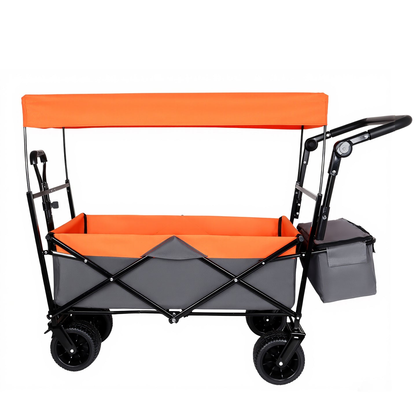 With Push Handle, 480Lbs Collapsible Wagon with Canopy, Wagon cart with 7' All-Terrain Wheels, Lightweight Foldable Wagon, Large Capacity for Camping, Shopping, Sports, and Garden Use, orange