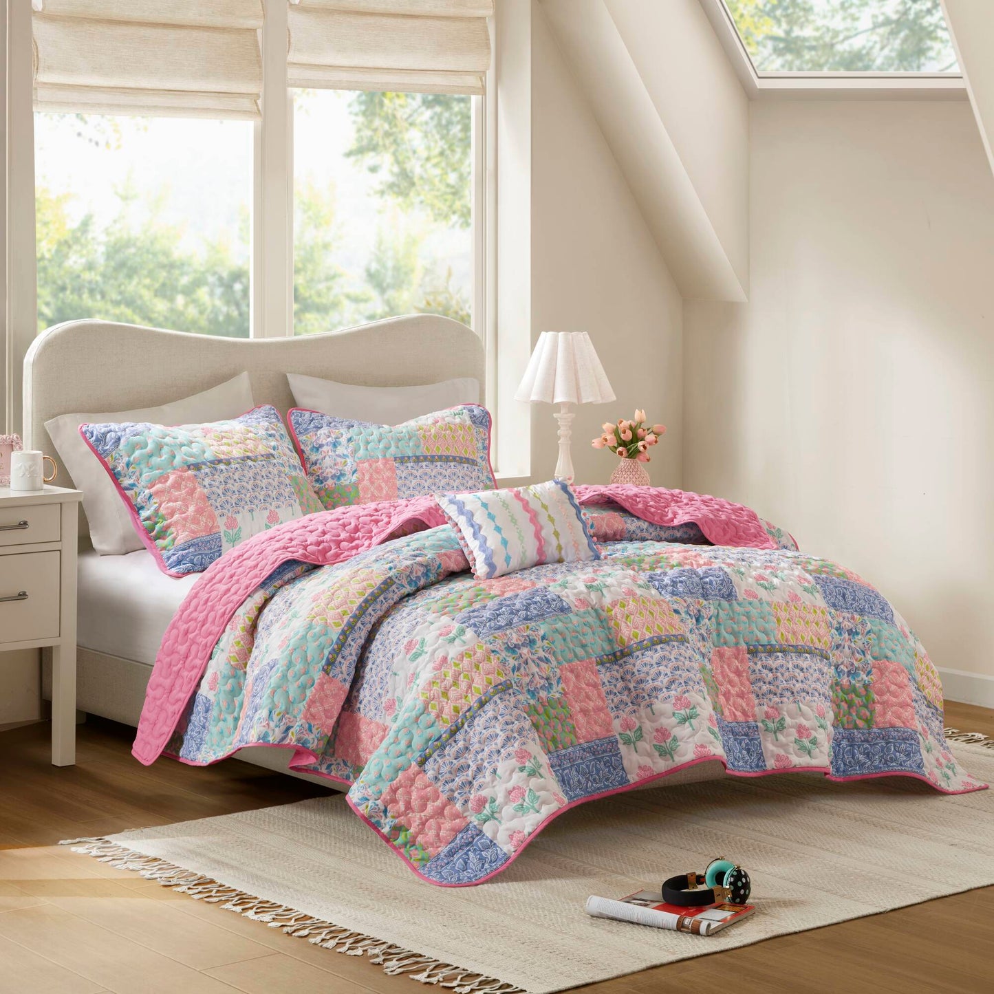 4-Piece Full/Queen 4pcs Quilt Set,Pink