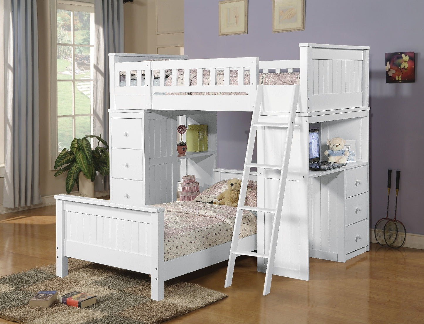 White Twin Loft Bed with Desk and Chest