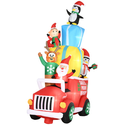 Outsunny 9ft Christmas Inflatables Outdoor Decorations Santa Claus Drives a Gift Car with Elk, Elf and Two Penguins, Blow-Up LED Yard Christmas Decor for Garden, Lawn