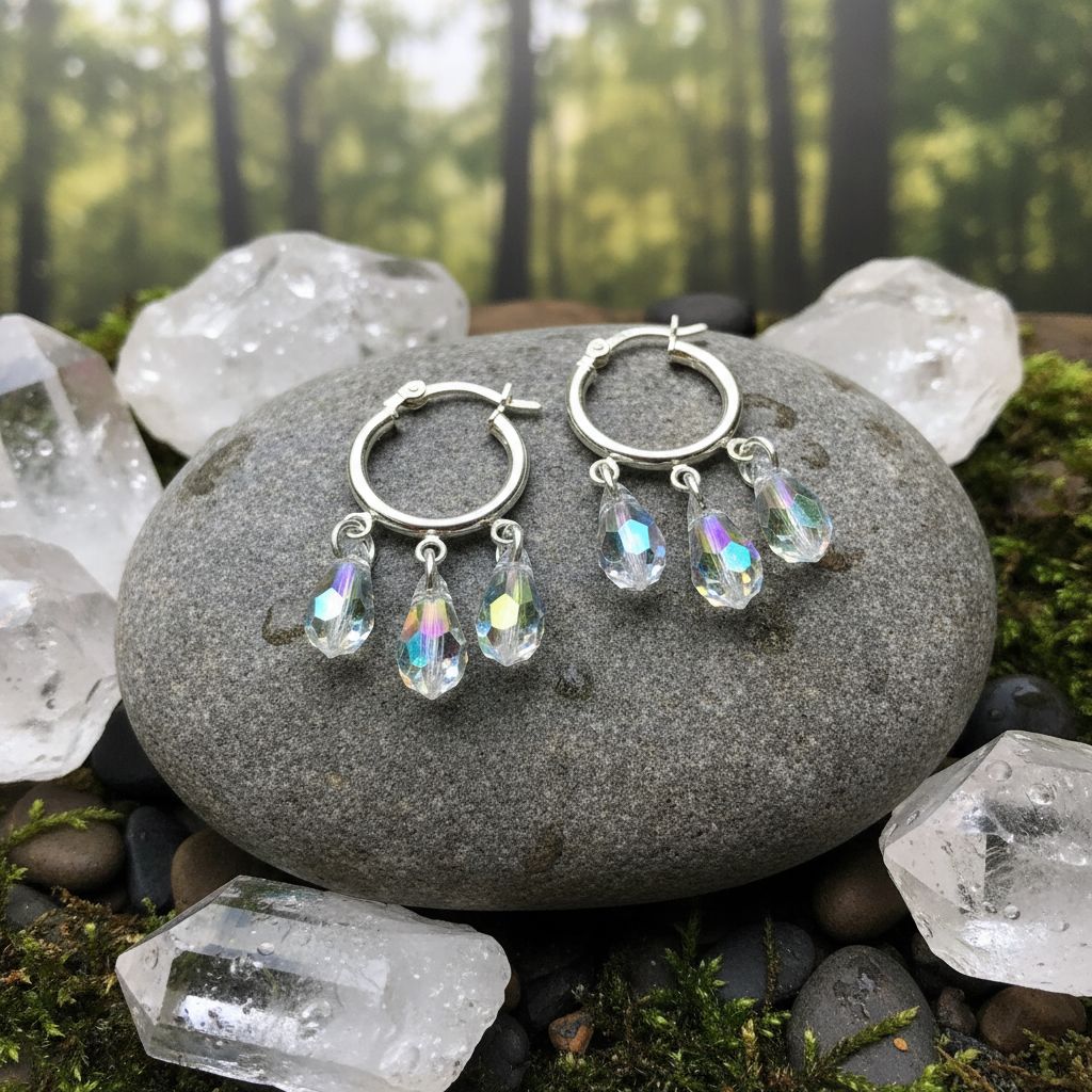 Sterling Silver Hoop Sparkly Crystal Drop Dangle Earrings