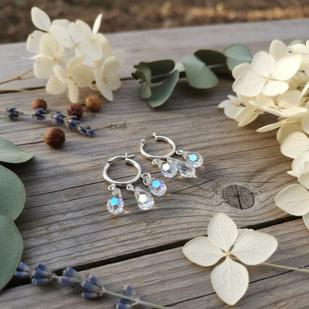 Sterling Silver Hoop Sparkly Crystal Drop Dangle Earrings