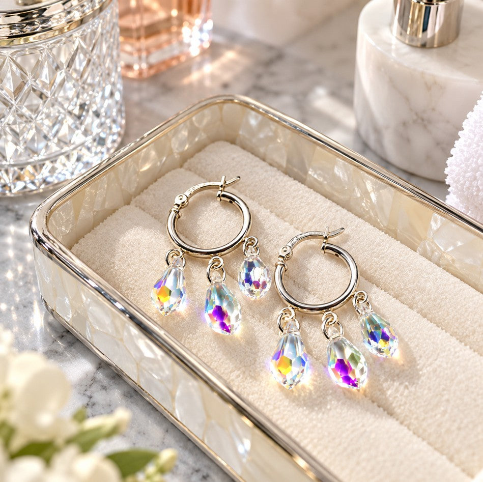 Sterling Silver Hoop Sparkly Crystal Drop Dangle Earrings