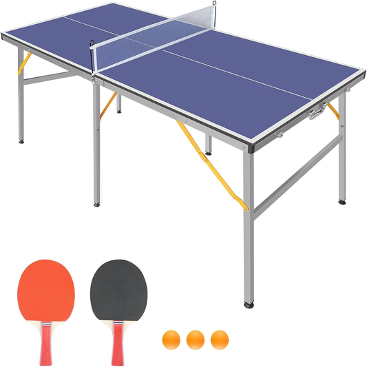 DOUBLE FISH 6ft Mid-Size Blue Foldable Portable Ping Pong Table Indoor Outdoor Game Set with Net 2 Paddles 3 Balls