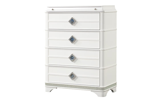 Laguna Modern Style 4-Drawer Chest Made with Wood, Hidden Jewelry Drawer and Crystal Accents in White  same asG150108979  ( NJ inventory)