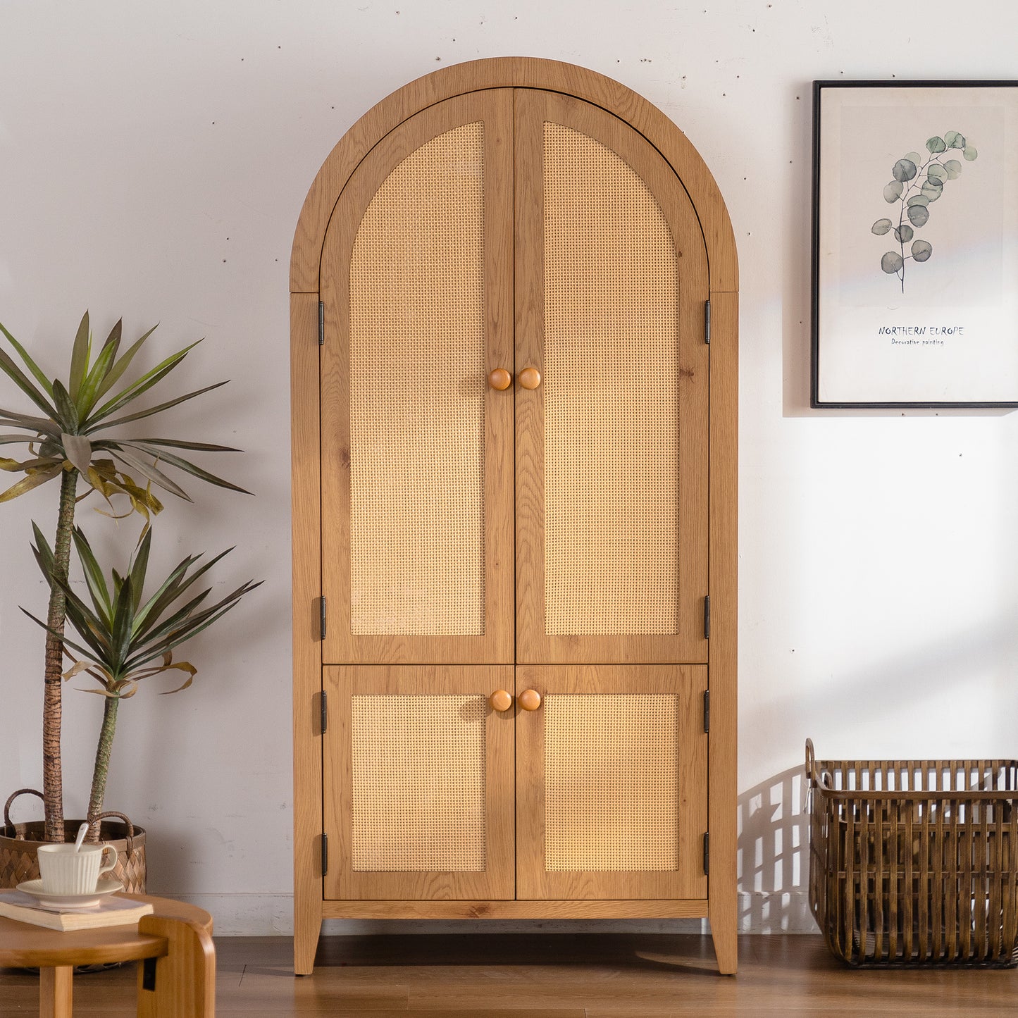 Arched Kitchen Pantry Cabinet, 63.39' Tall Arched Bookcase Rattan Storage Cabinet with Doors Adjustable Shelves,Farmhouse Freestanding Cupboard for Bathroom,Living Room,Dining Room