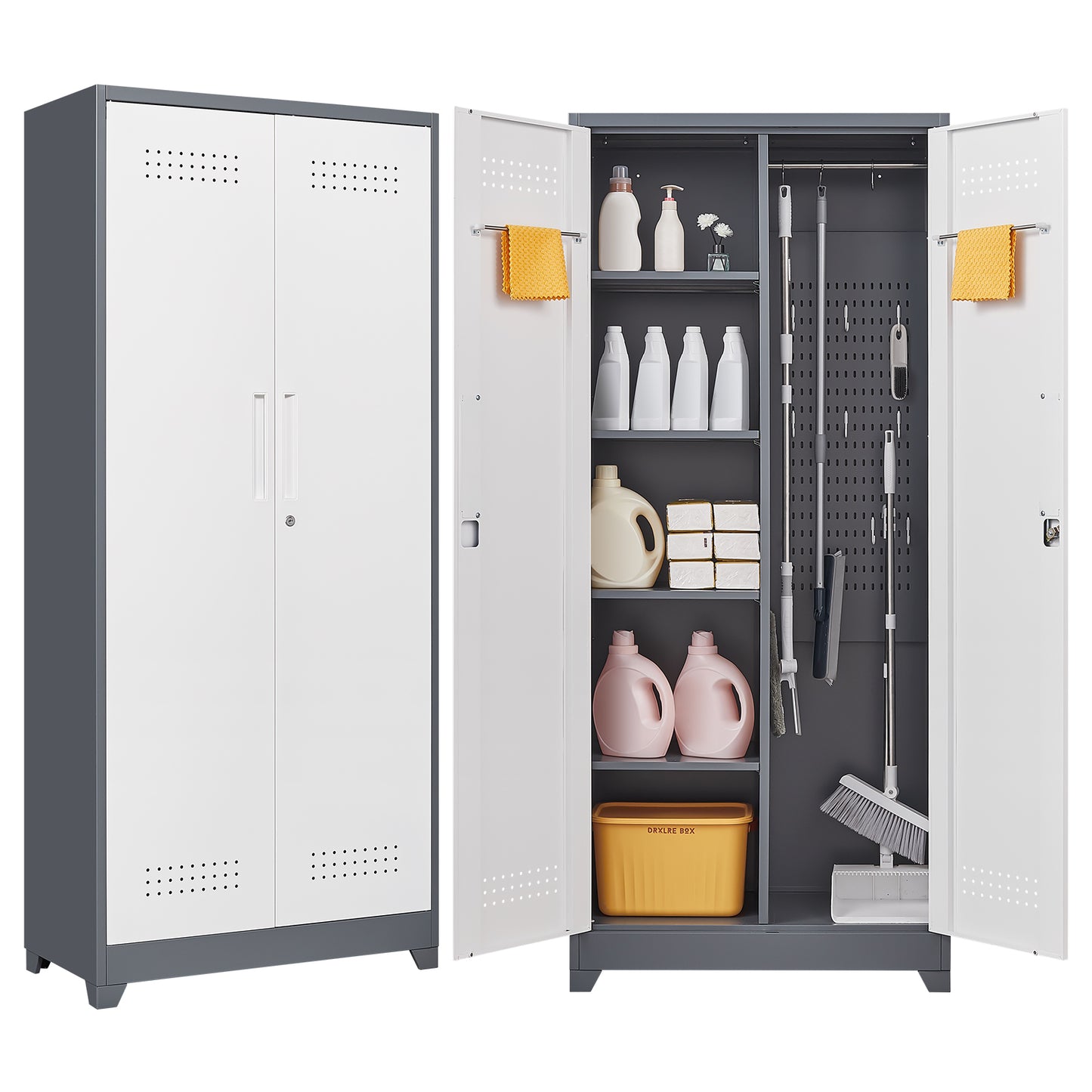 Gray Metal Lockers, Cleaning Tool Cabinets With Locking Doors, High Broom Tool Storage Cabinets, Adjustable Shelves, Large Cabinets For Kitchens, Offices, Shops.(72 Inches)