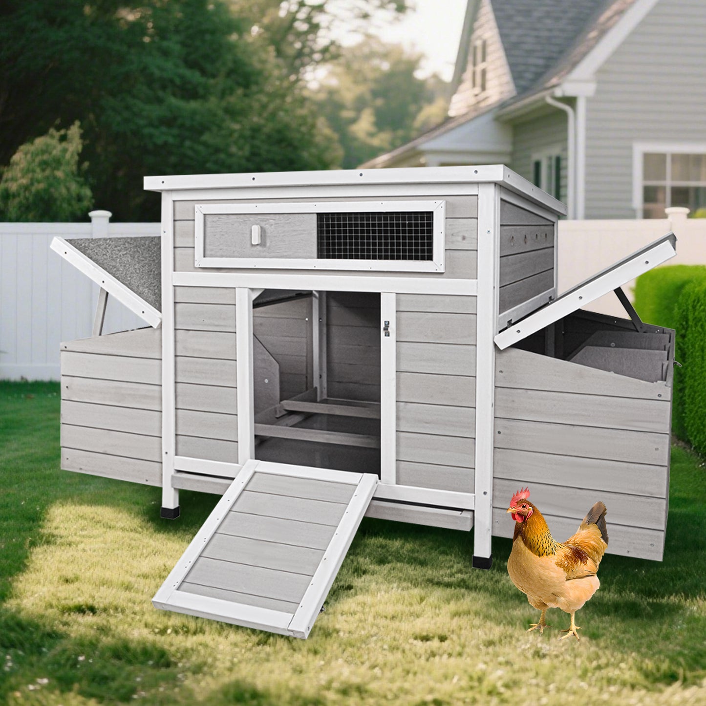 Large Wooden Chicken Coop Outdoor Hen House Poultry Cage for Outdoor with 2 Sides Nesting Boxes