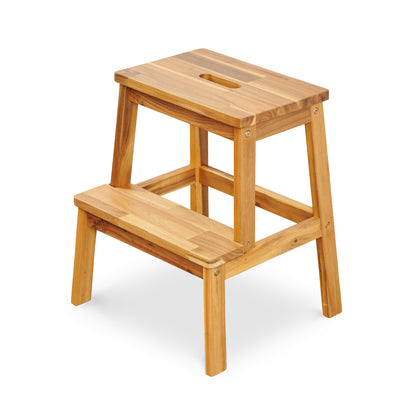 Premium Acacia 2-Step Wooden Stool for Adults and Kids, 17 Inches Tall, 350 lbs Capacity, Indoor Outdoor Use