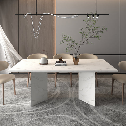 Extendable Dining Room Table for 6 8 10, Modern Faux Marble Wooden Long Large Rectangular Expanding Conference Kitchen Table, White