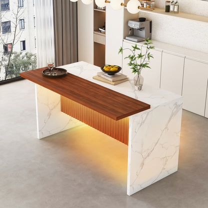 63' Modern Kitchen Island with Marble-Look Surface, LED Lights & Grille Design for Dining Room, Living Room, White(Island Only)