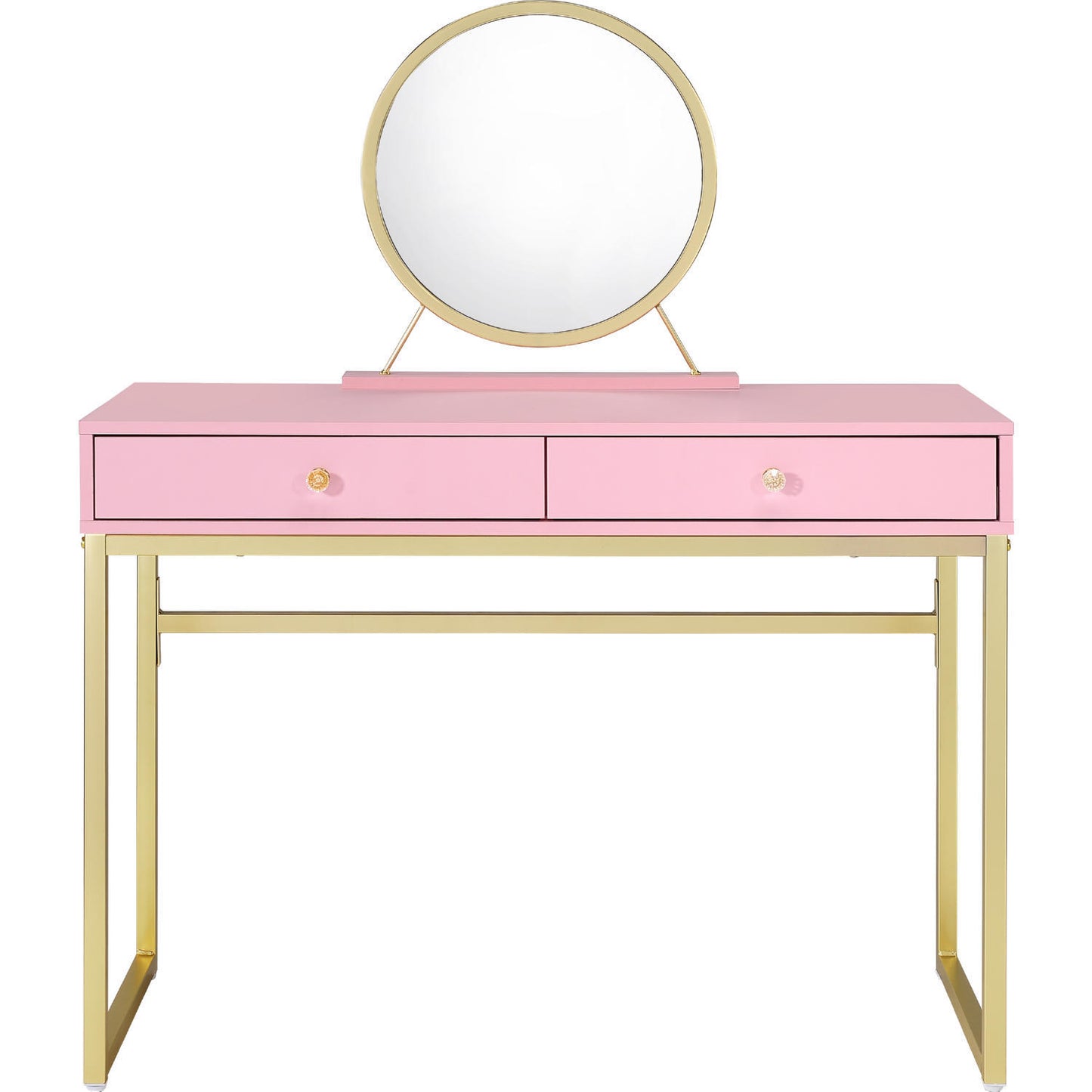 2 Drawers Vanity Desk with Mirror and Jewelry Tray, Pink and Gold