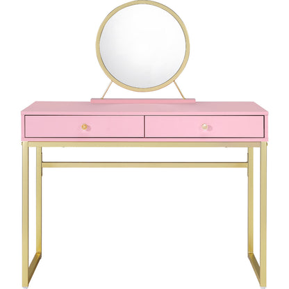 2 Drawers Vanity Desk with Mirror and Jewelry Tray, Pink and Gold