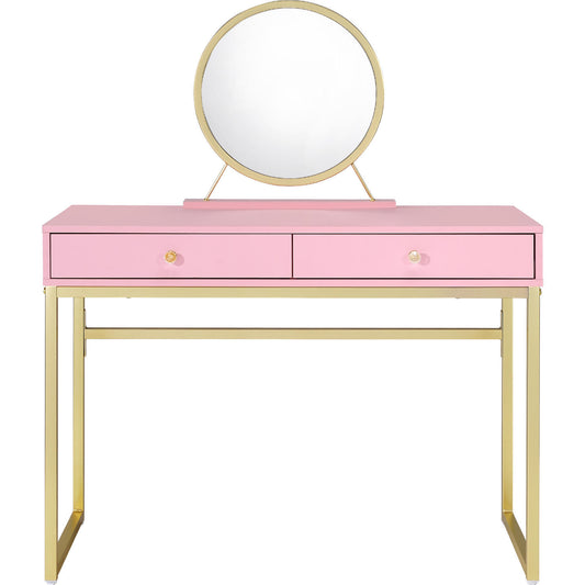 2 Drawers Vanity Desk with Mirror and Jewelry Tray, Pink and Gold