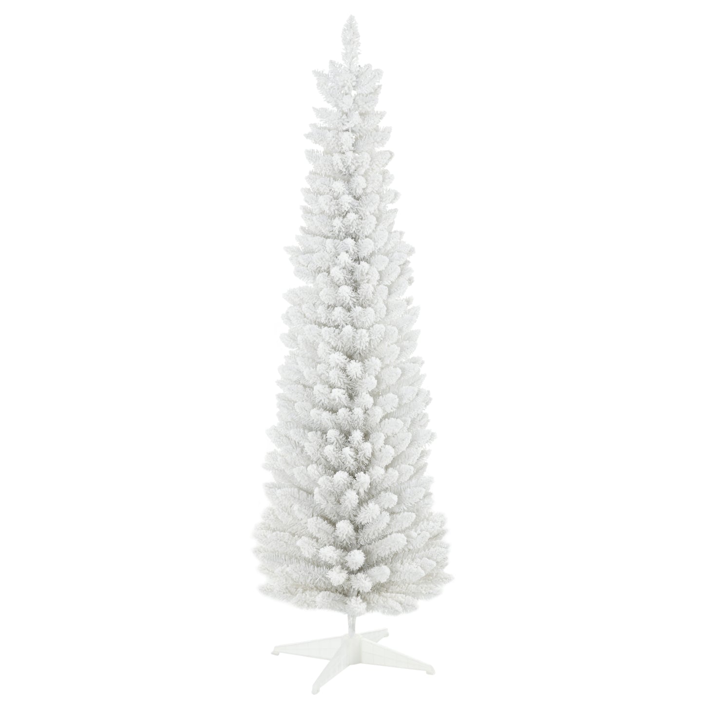 HOMCOM 6' Snow Flocked Artificial Pencil Christmas Tree, Slim Xmas Tree with Realistic Branches and Plastic Base Stand for Indoor Decoration, White