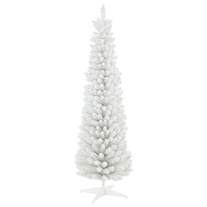 HOMCOM 6' Snow Flocked Artificial Pencil Christmas Tree, Slim Xmas Tree with Realistic Branches and Plastic Base Stand for Indoor Decoration, White