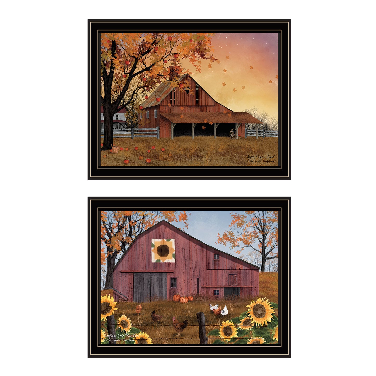 Trendy Decor 4U 2- Piece Vignette Apple Picking time, Sunflower Quilt Barn Black Framed Wall Art for Living Room, Bedroom Wall Art Print for Home Decor by Billy Jacobs