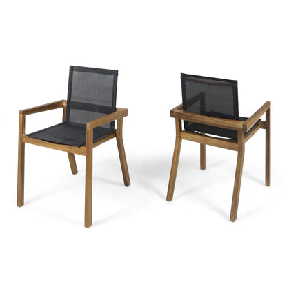 Dining Chair with Acacia Wood Frame and Mesh Seating, Set of 2, Teak
