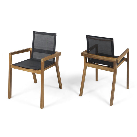 Dining Chair with Acacia Wood Frame and Mesh Seating, Set of 2, Teak