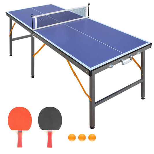 5ft Mid-Size Table Tennis Table Foldable & Portable Ping Pong Table Set for Indoor Games with Net, 2 Table Tennis Paddles and 3 Balls