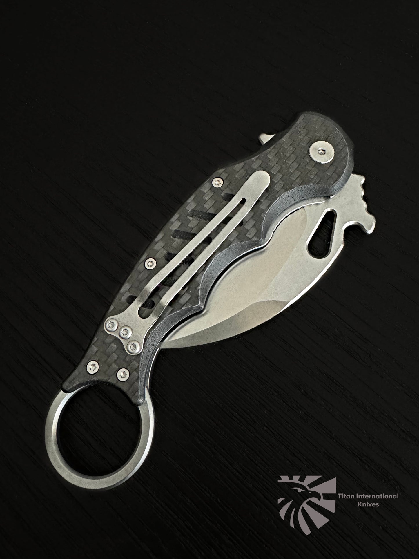 Titan Black Serpent Folding Pocket Knife - D2 Steel, Carbon Fiber Scales, Finger-Loop Grip TK-130
