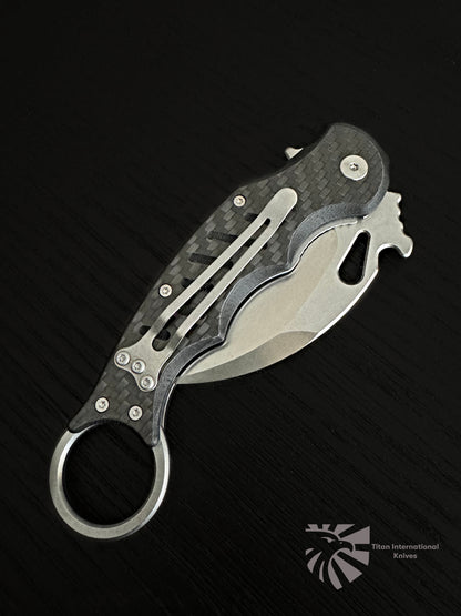 Titan Black Serpent Folding Pocket Knife - D2 Steel, Carbon Fiber Scales, Finger-Loop Grip TK-130