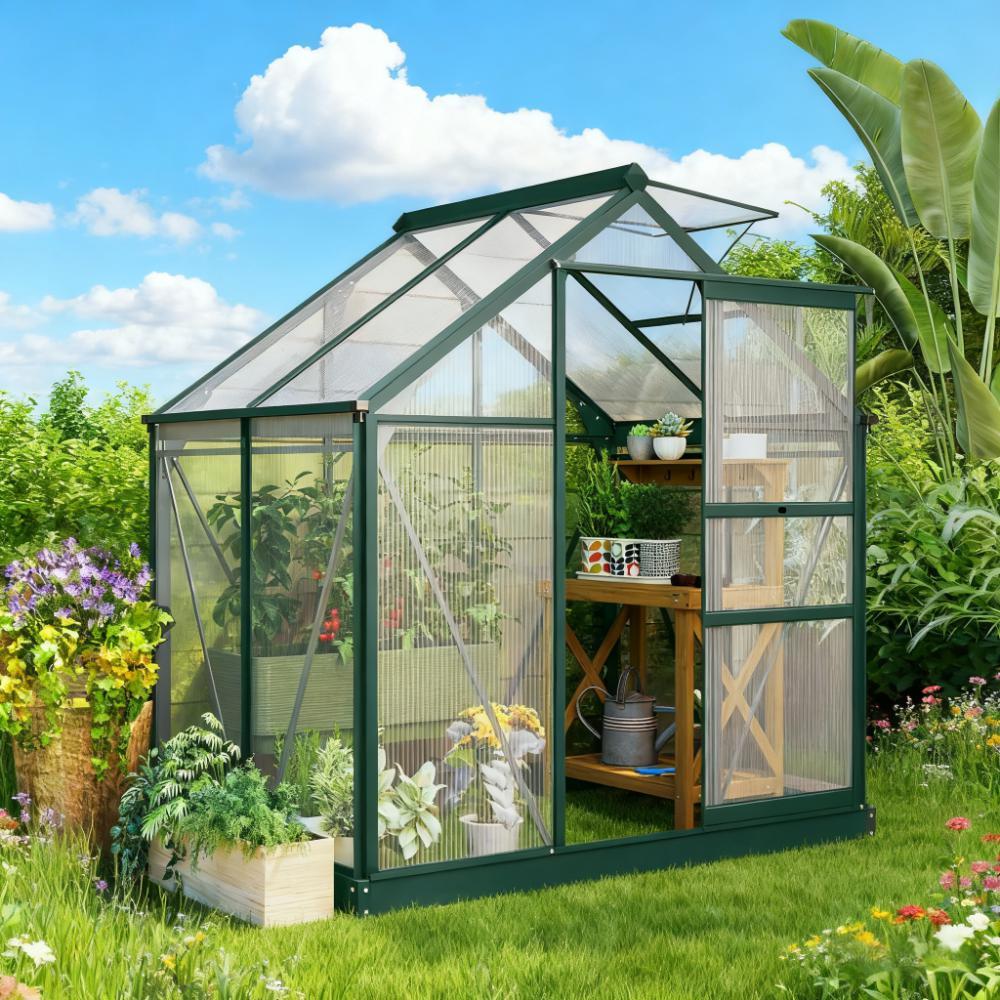 Greenhouse 6' x 4' for Outdoors, Polycarbonate Greenhouse with Rain Gutter and Roof Vent