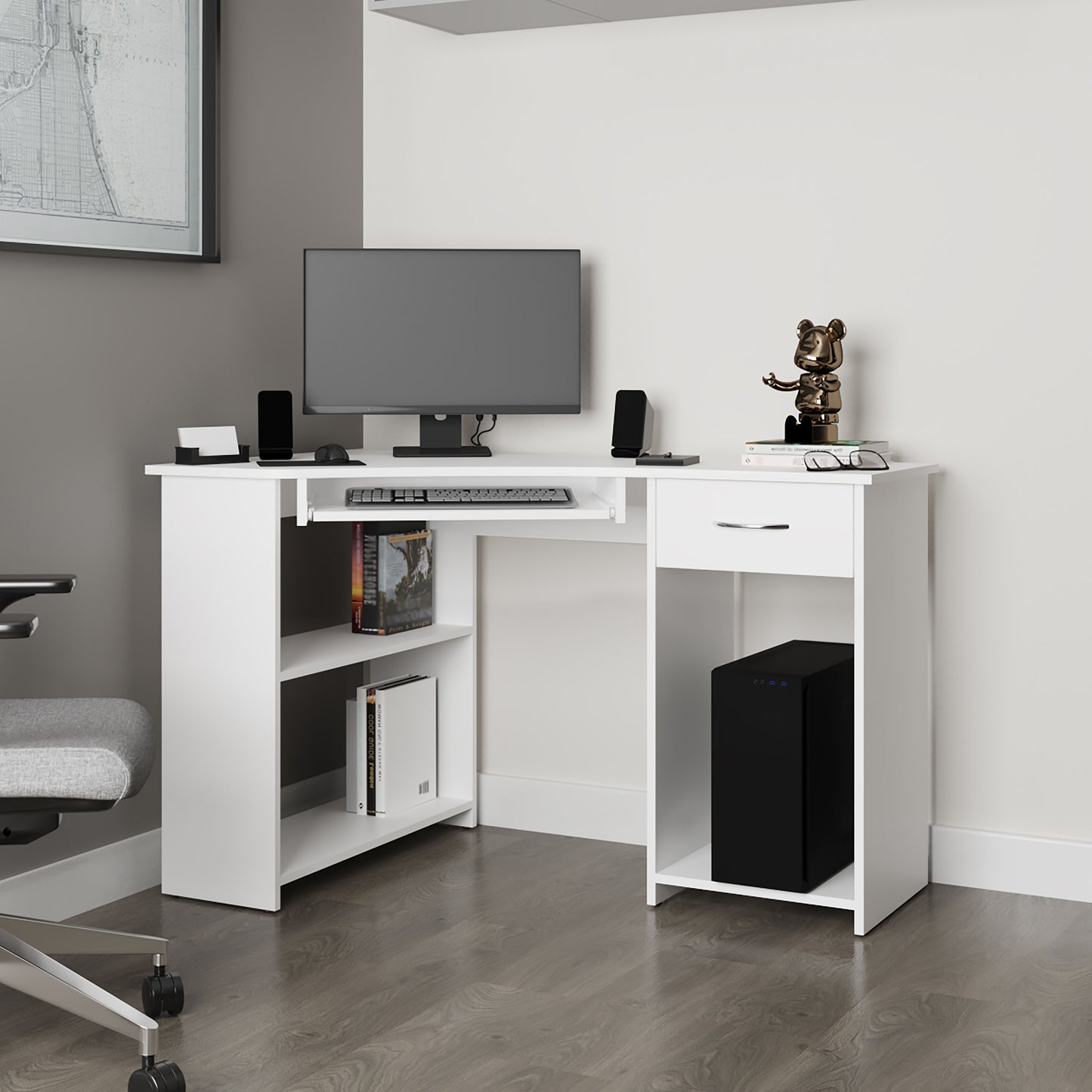 EKKO Corner Computer Desk, L-Shaped Home Office Desk with Drawer, Shelves, and CPU Space