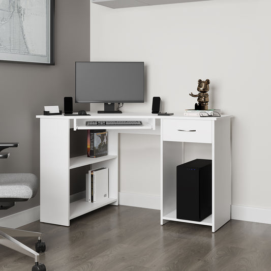 EKKO Corner Computer Desk, L-Shaped Home Office Desk with Drawer, Shelves, and CPU Space
