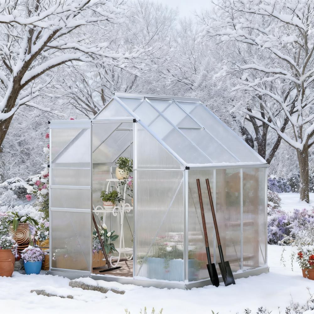 Silver  6.2' W x 6.2' D x 6.6' H Aluminum  greenhouse Heavy Duty Green House with Adjustable Roof Vent Rain Gutter and Sliding Door for Winter