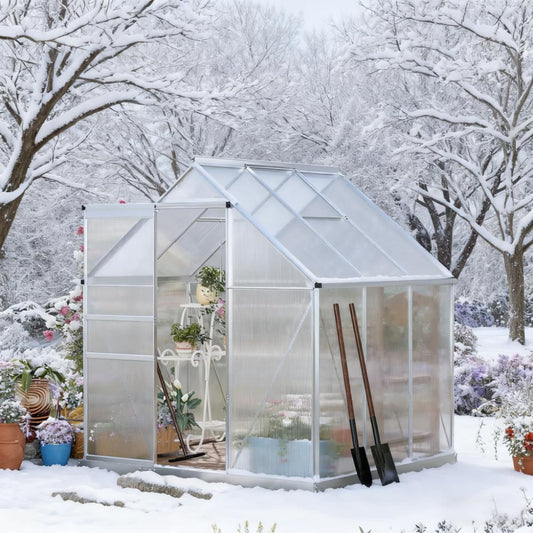 Silver  6.2' W x 6.2' D x 6.6' H Aluminum  greenhouse Heavy Duty Green House with Adjustable Roof Vent Rain Gutter and Sliding Door for Winter