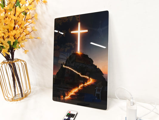 24x16 inches Christian Cross LED Wall Art – Acrylic UV Printed Light Up Religious Picture with Remote Control, Illuminated Faith Wall Decor for Living Room and Prayer Room