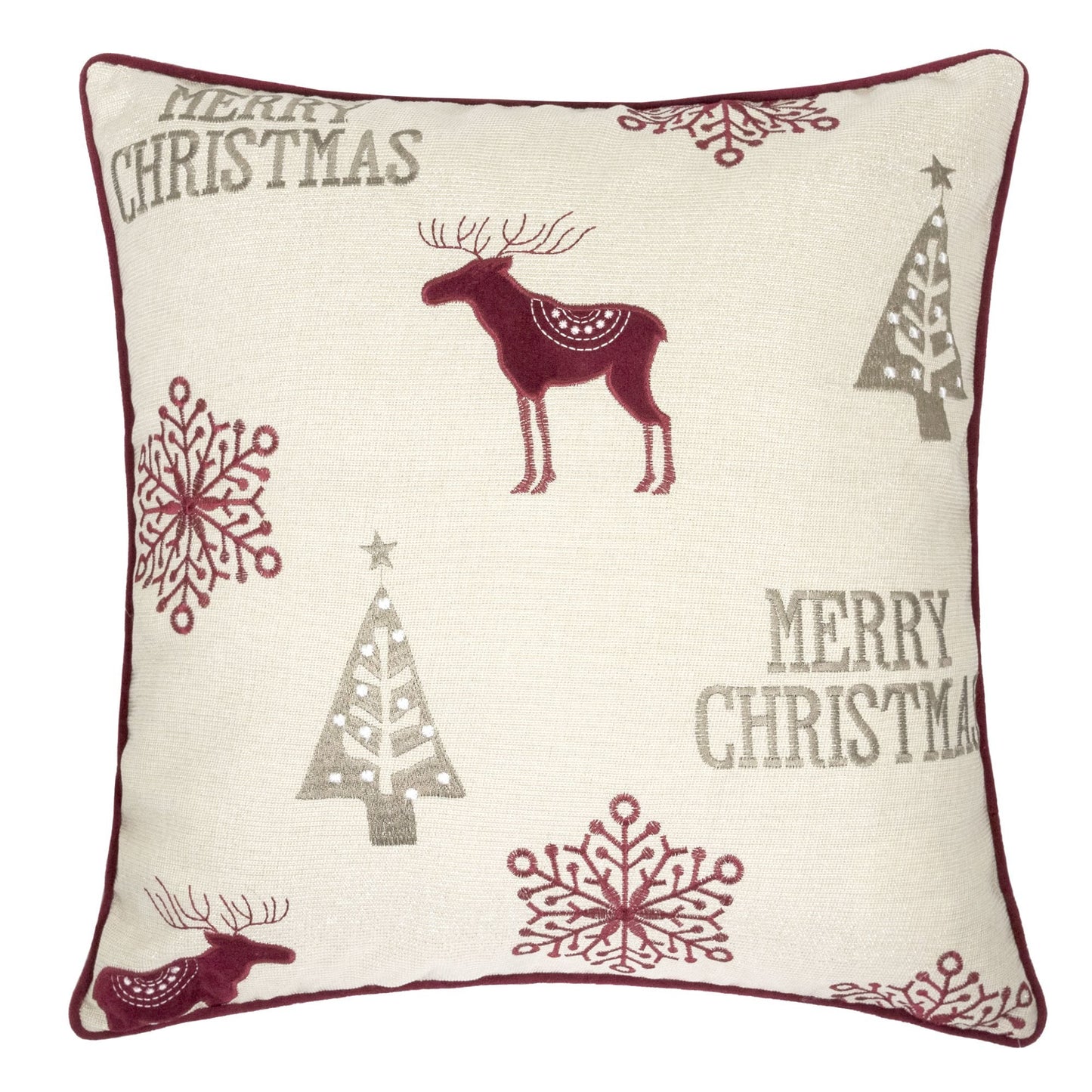 Merry Christmas Embroidered Poly Linen Throw Pillow – 20x20' Holiday Cushion with Reindeer, Trees & Snowflakes