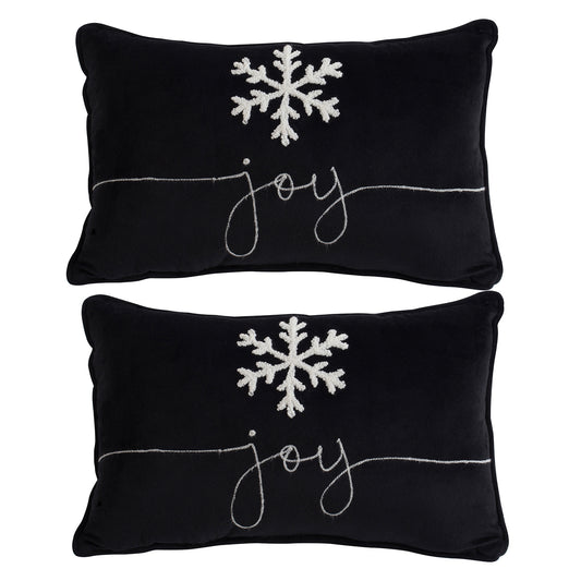Set of 2, 18x12' Black Velvet Pillow With Embroidered Joy And Frosty Snowflake, for Christmas Halloween Holiday Decor