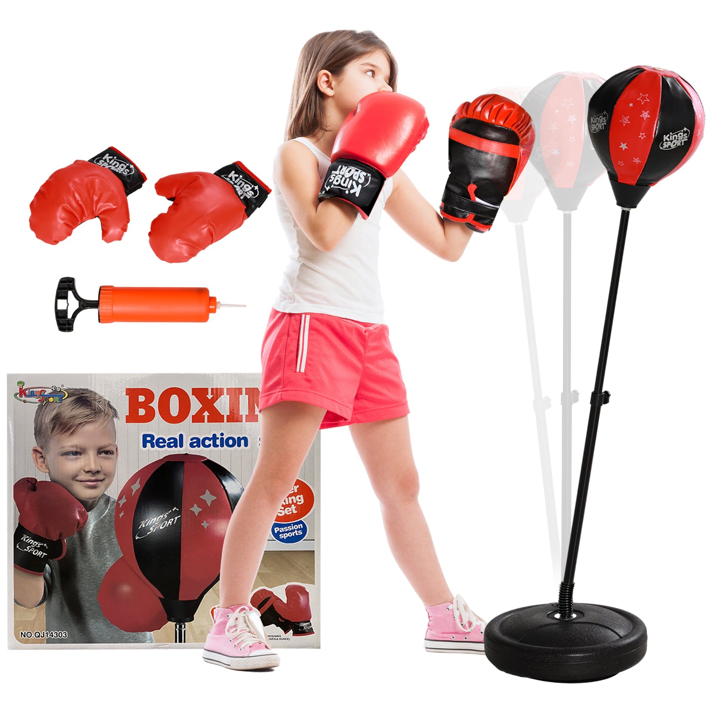 Qaba Punching Bag for Kids, Kids Punching Bag with Stand for 5-10 Years Old, Height Adjustable Kids Boxing Bag with Boxing Gloves, Kids Boxing Set for Boys & Girls, Red