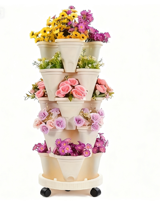 16-piece set of 5-tier stackable vertical garden planters with wheels; durable plastic for indoor and outdoor use; suitable for flowers, herbs, strawberries, and vegetables; includes planters, drainag
