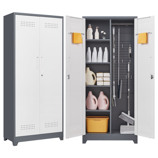 Gray Metal Lockers, Cleaning Tool Cabinets With Locking Doors, High Broom Tool Storage Cabinets, Adjustable Shelves, Large Cabinets For Kitchens, Offices, Shops.(72 Inches)